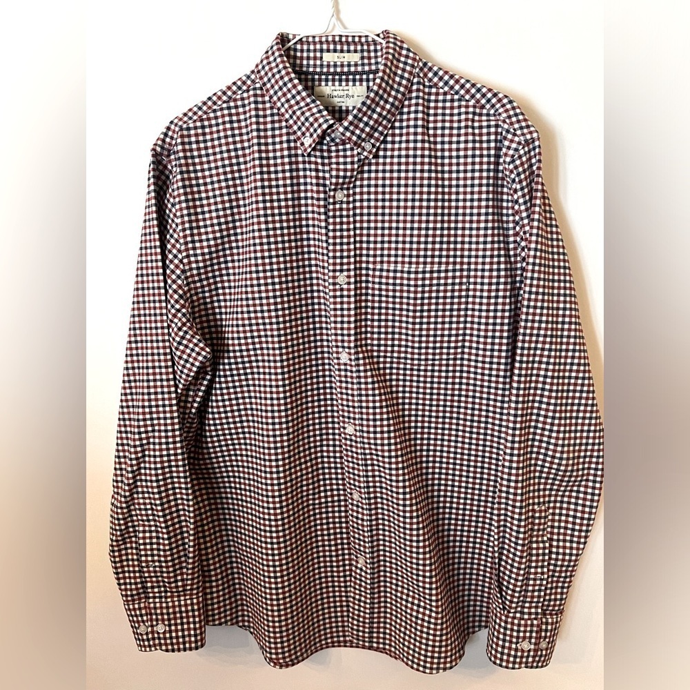 HAWKER RYE “SLIM” FIT STRETCH OXFORD LONG SLEEVE SHIRT. SIZE LARGE.